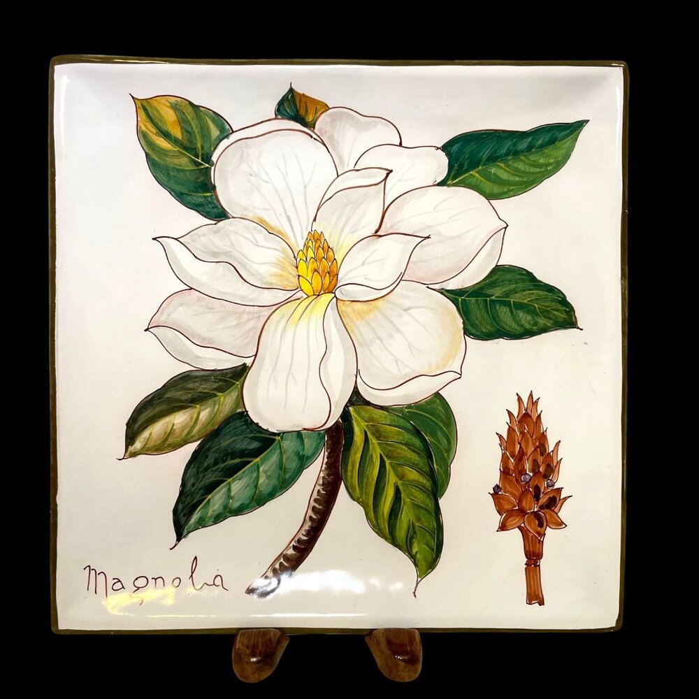 Hand-Painted Ceramic Magnolia Tile Wall Art From Italy
